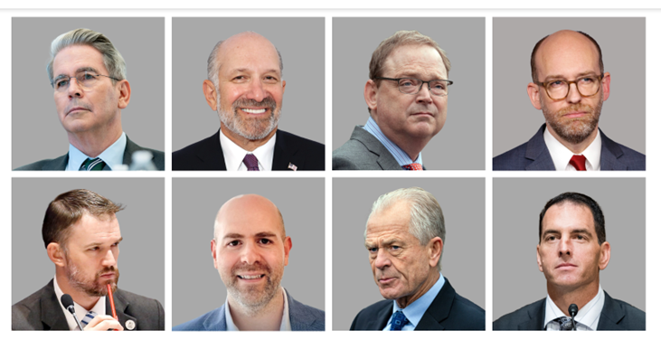 De izquierda a derecha: Bessent, Luttnick, Hassett, Vought, Greer, Miran, Navarro, Faulkender.
